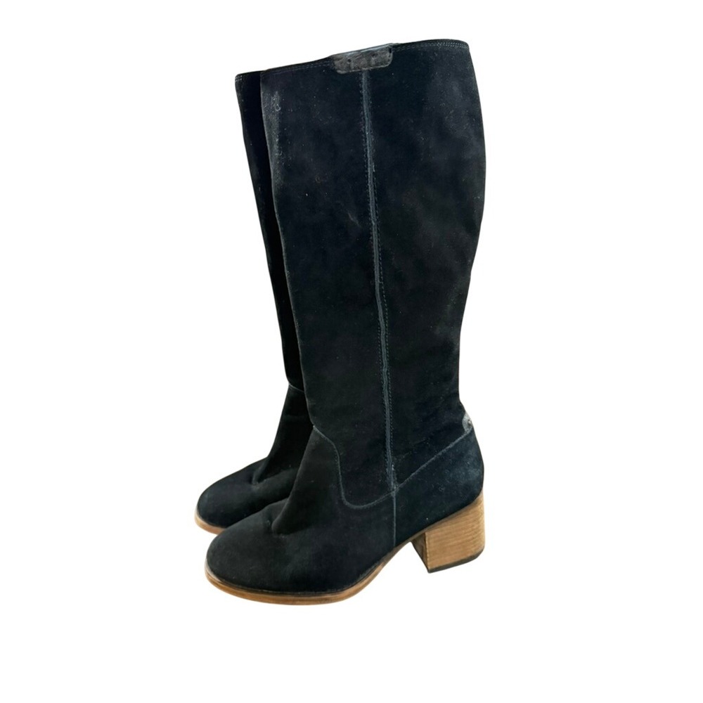 Bearpaw Womens Black Suede Tall Block Heel Boots Size 9 Side Zip Round Toe Goth